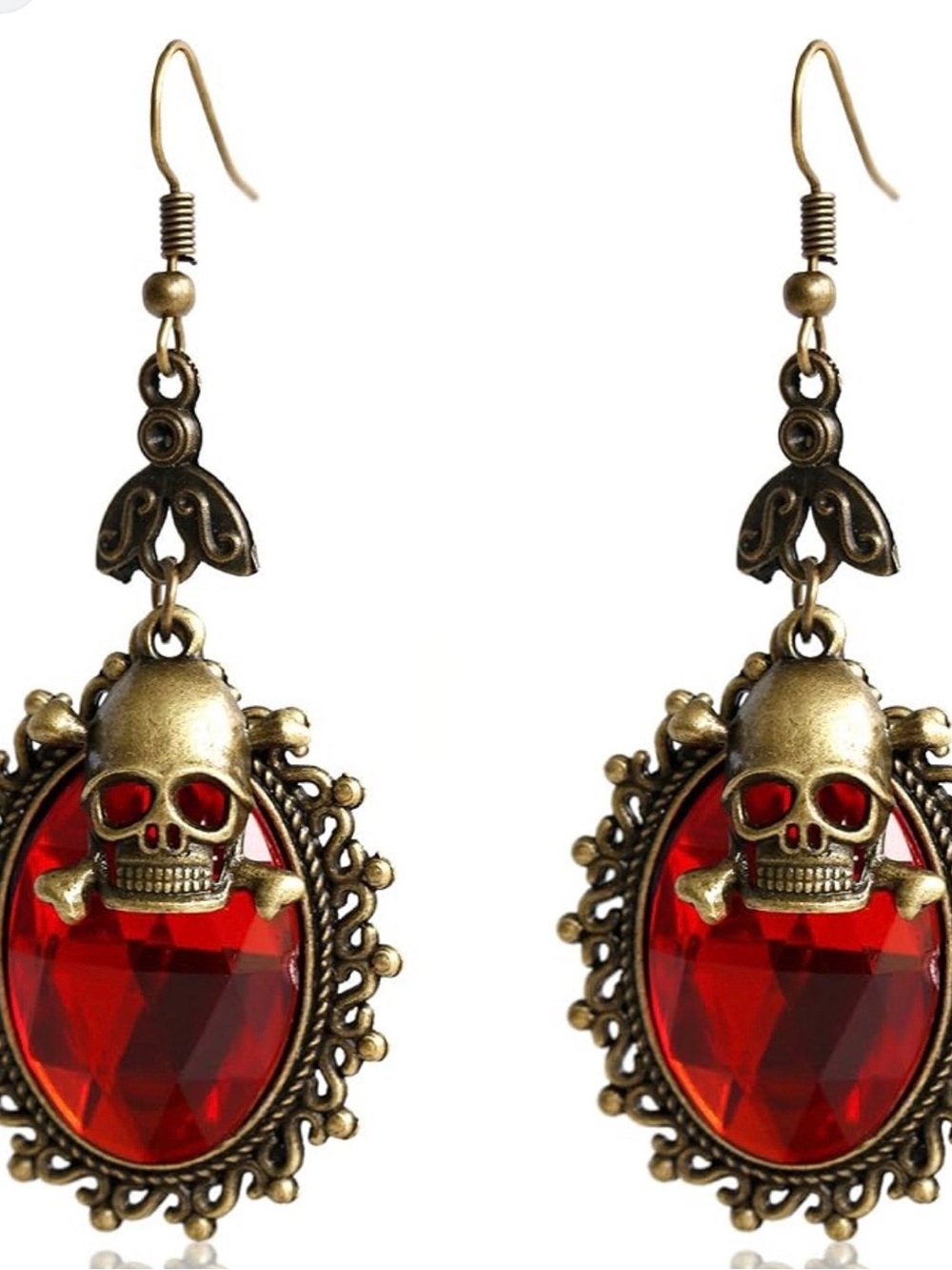 Vintage-Inspired Red Crystal Skull Drop Earrings - Unbranded